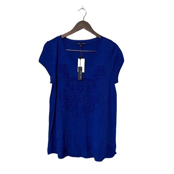 Cable & Gauge Tops - Cable & Gauge Womens Bright Blue Cotton Short Sleeve Embroidered Top Size L